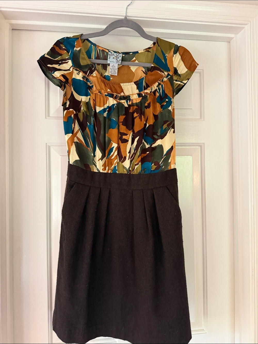 Tabitha Multi-Color Print Top with Dark Brown A-Line Skirt